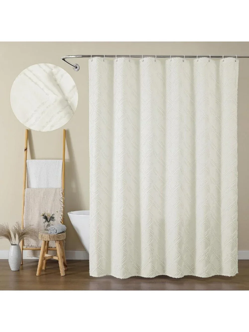 Boho Cream Shower Curtain Set, Jacquard Geometric Fabric, 72x72, Machine